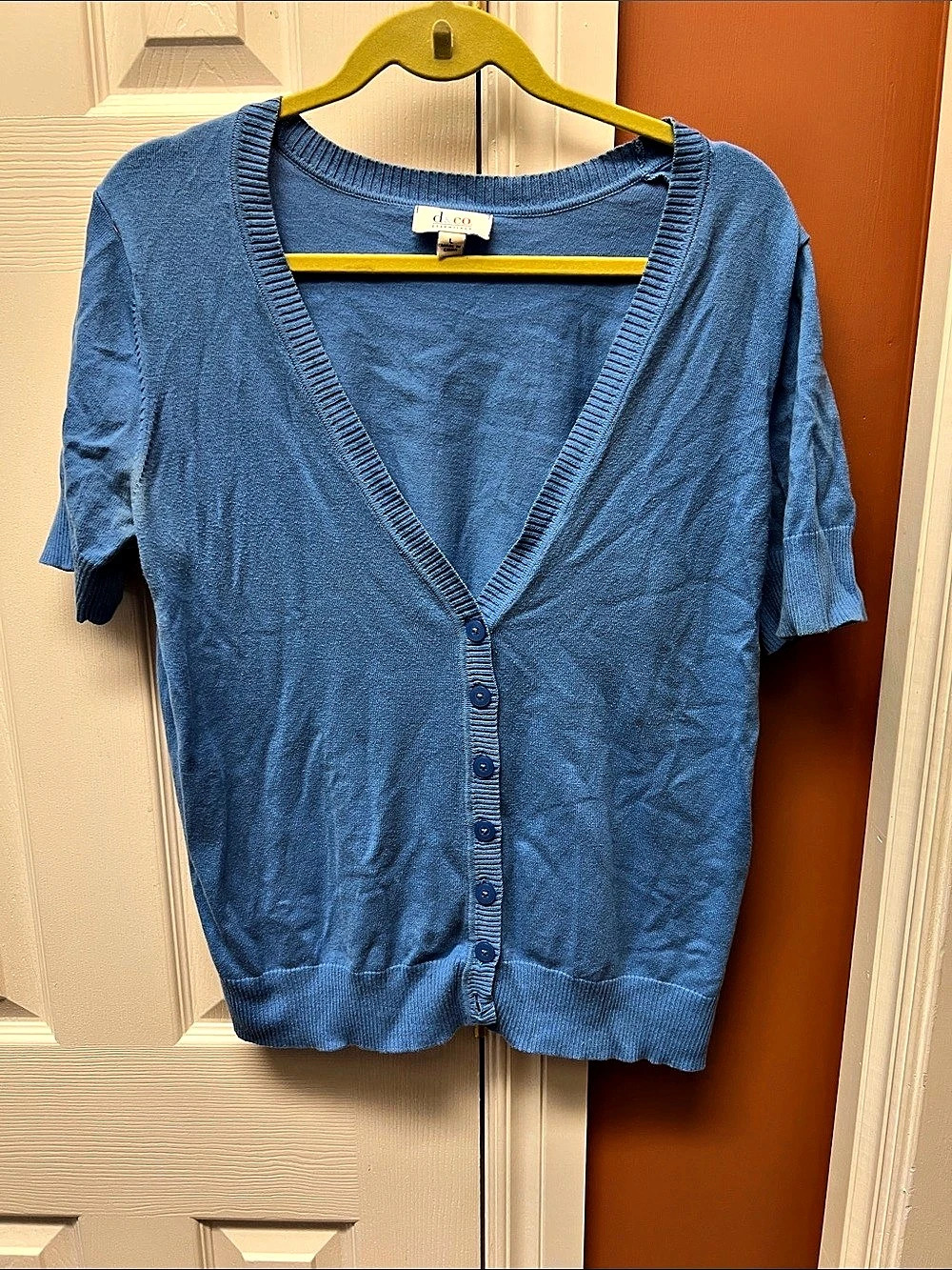 d&co. Blue Short Sleeve Button Front Aweater